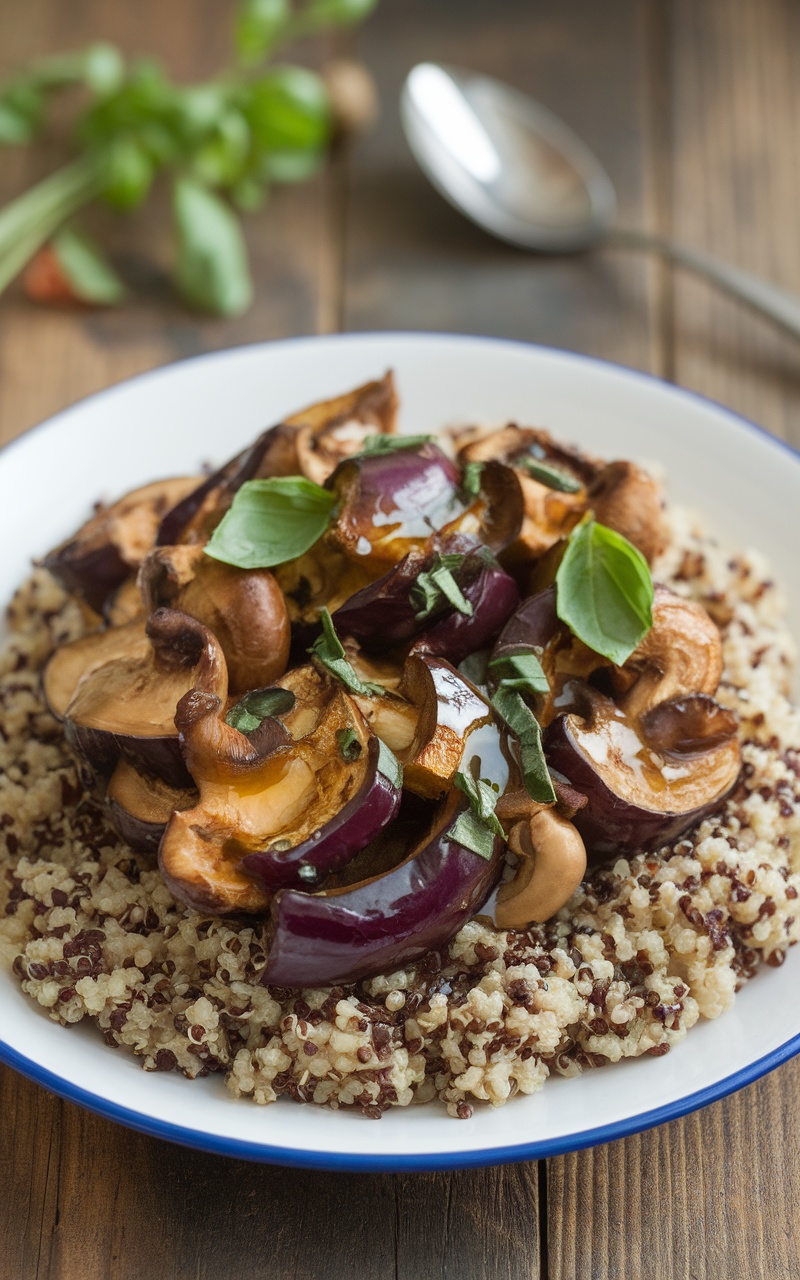 A colorful plate of roasted eggplant and mushrooms served over quinoa, garnished with fresh basil on a rustic wooden table.
